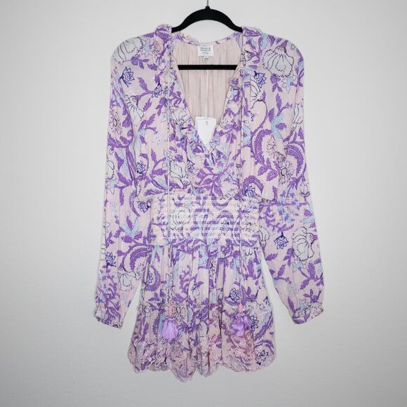 Hemant and Nandita Asia Long Sleeve Mini Dress Lilac Pink Tassel Boho XS NWT - Picture 2 of 9